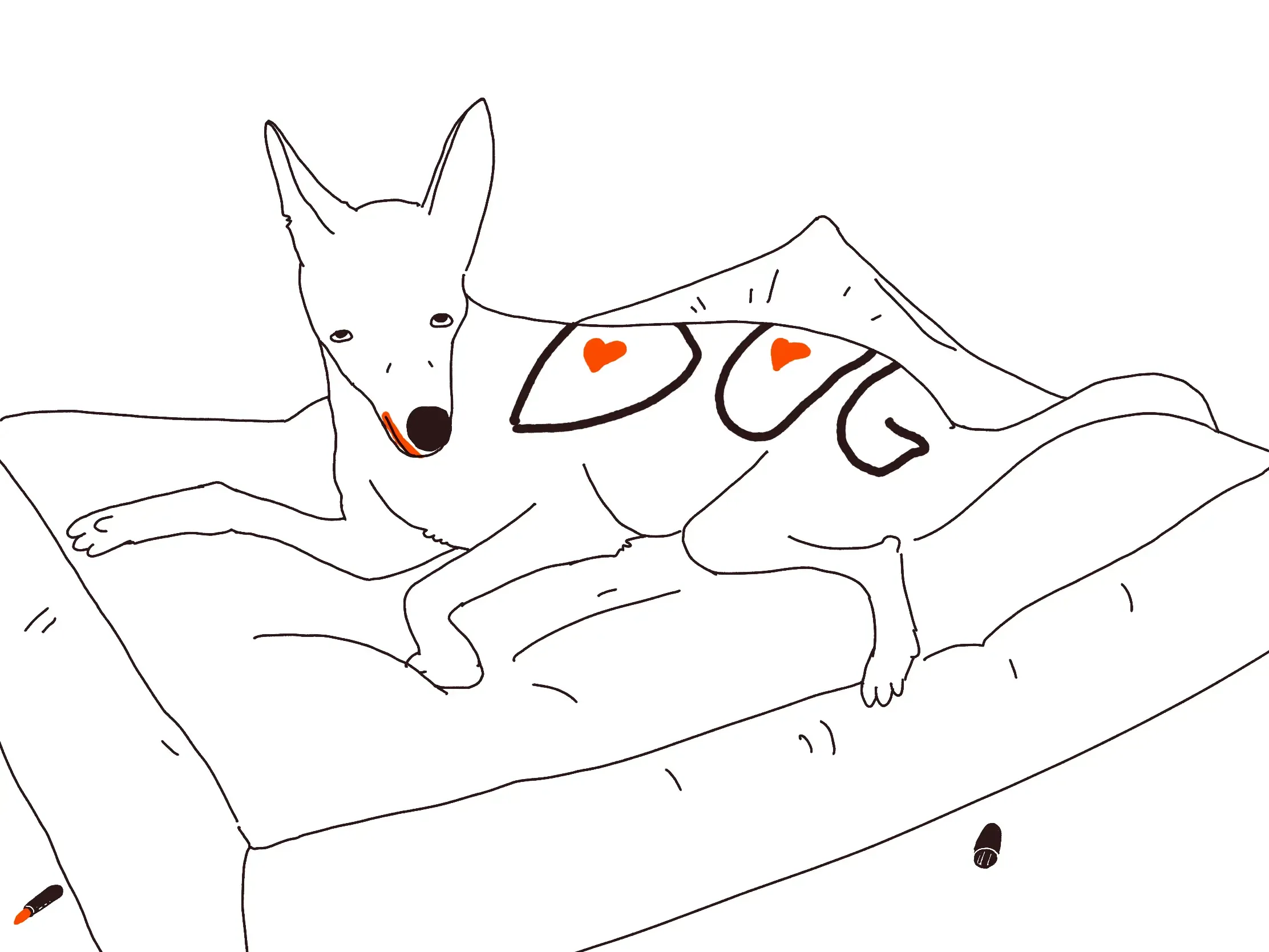 A relaxed dog lounging on a dog bed. His mouth is covered with lipstick. He looks weirdly content. In the corner, theres a small open lipstick. The're writing on the dog's back saying DOG with each letter decorated with a tiny heart.